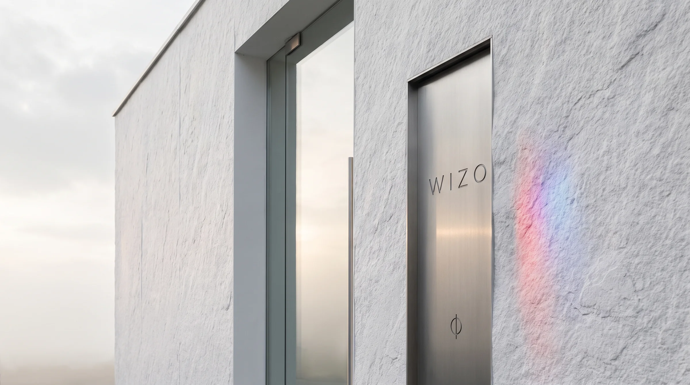 A white facade with a slim engraved steel sign beside a glass door.