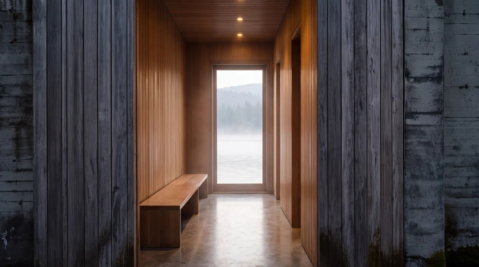 Inside: a hall lined with warm timber, a bench, and a tall window onto the misty lake.