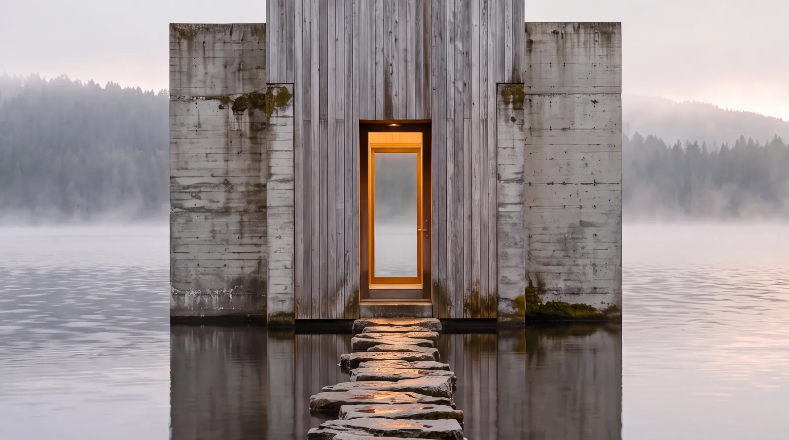 A small building of concrete and weathered timber standing in a still, misty lake. Stepping stones lead to its lit door.